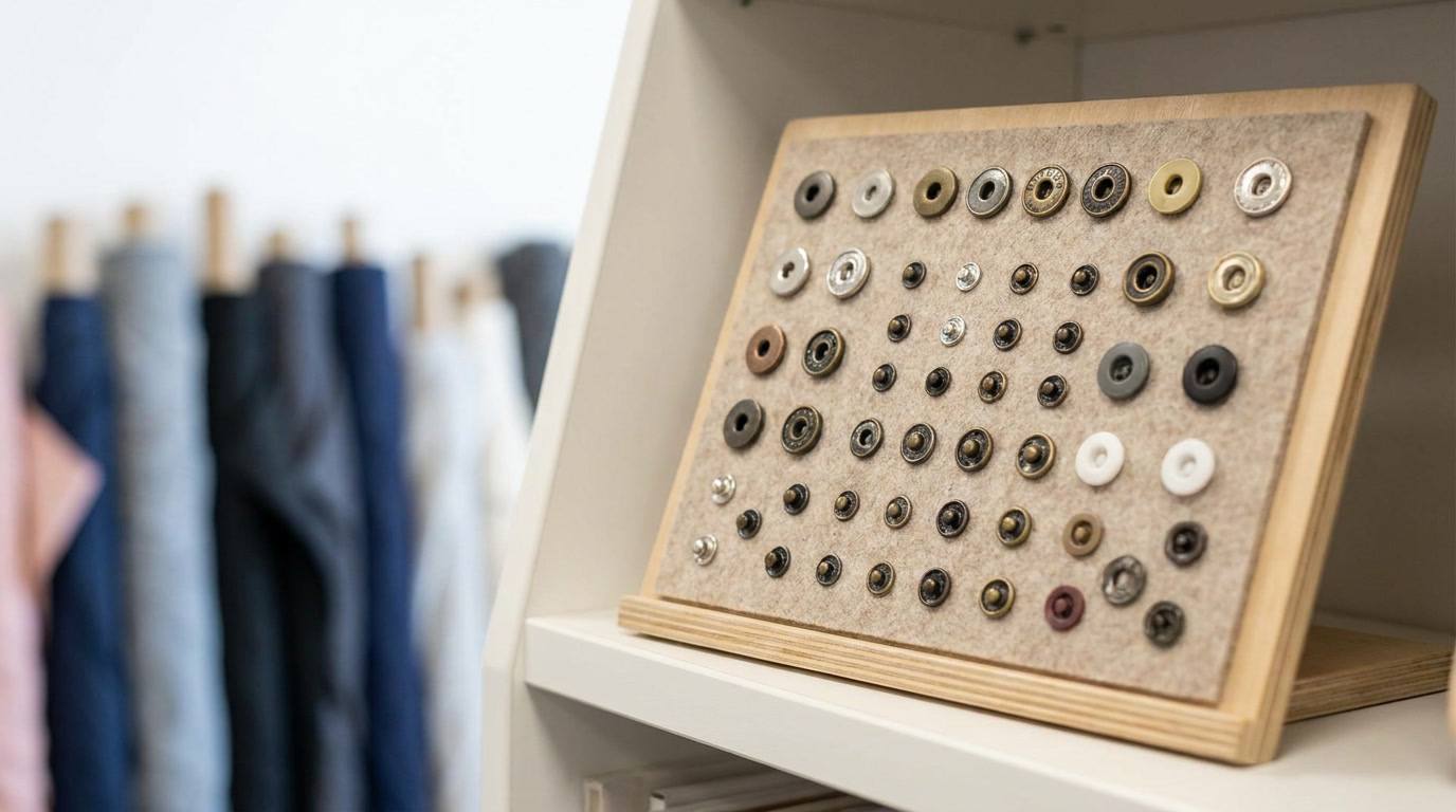 snap button closures, Snap button closures in multiple sizes and metal finishes are neatly arranged on a framed wooden display board.